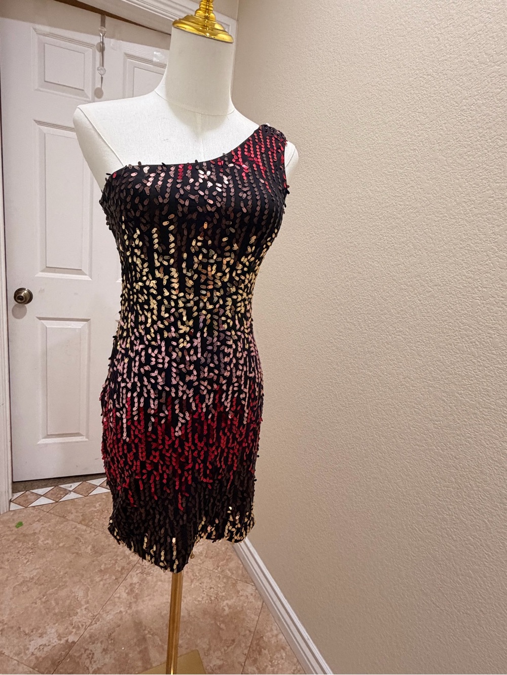Wish One-Shoulder Black Sequin Ombre Dress with Red and Gold Accents